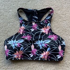 ✨ROXY Girl’s Black Floral Zip-Up Beach Bikini Swim Top - Size L - EUC